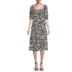 BCBGMAXAZRIA Black White Floral Fit Flare PuffSleeves Front Button Down Dress 10